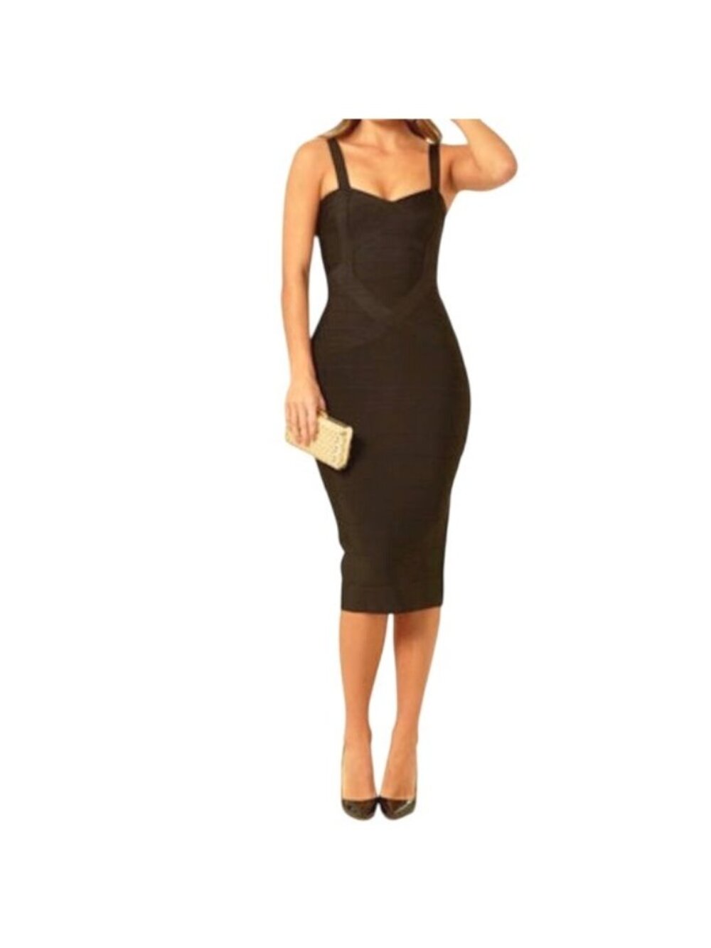 TOXIC ENVY BOUTIQUE-- WOMENS BLACK THICK STRETCHY MIDI BANDAGE DRESS SIZE LARGE